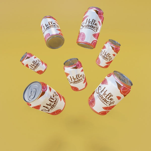 Free Floating Fruit Soda Cans With Yellow Background Psd