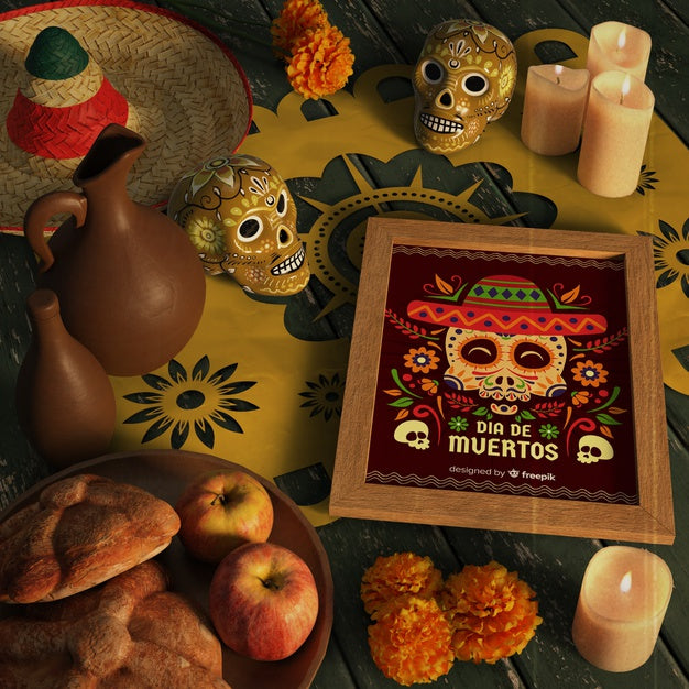 Free Floral Skull Mock-Up On A Festive Decorative Table Psd