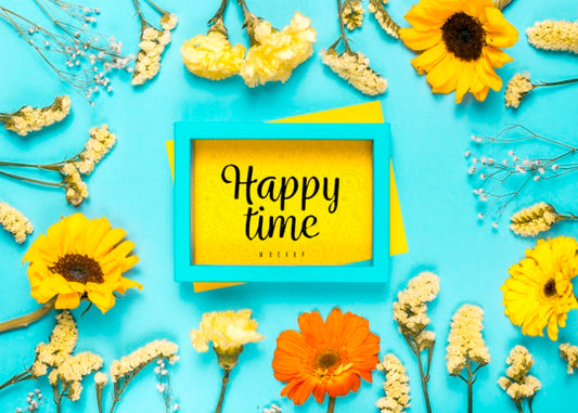 Free Flowers Assortment With Blue Frame Psd