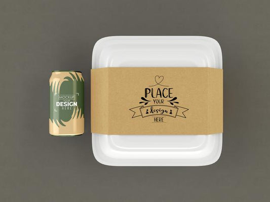 Free Food Container, White Box Mockup With Craft Cardboard Cover For Branding And Identity. Psd