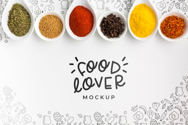 Free Food Lover And Bowls Filled With Spices Mock-Up Psd