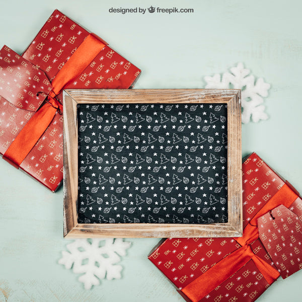 Free Frame And Gift Boxes Mockup With Christmtas Design Psd