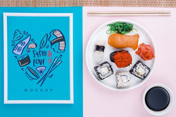 Free Frame Beside Plate With Sushi Rolls And Soya Sauce Psd