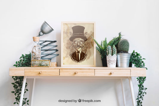 Free Frame Mockup On Decorative Table Psd