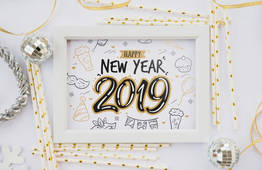 Free Frame Mockup With New Year Decoration Psd