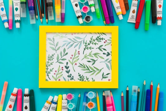 Free Frame Mockup With Paint Materials Psd