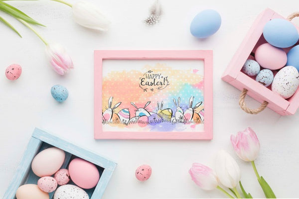 Free Frame Of Flowers And Painted Eggs Psd