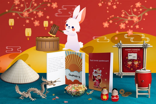 Free Front View Chinese New Year Decoration And Books Psd