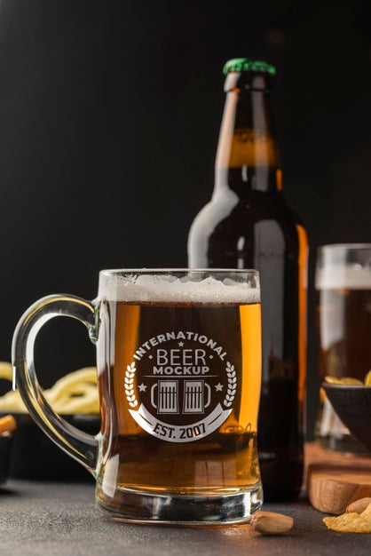 Free Front View Of Beer Bottle And Pint With Assortment Of Snacks Psd