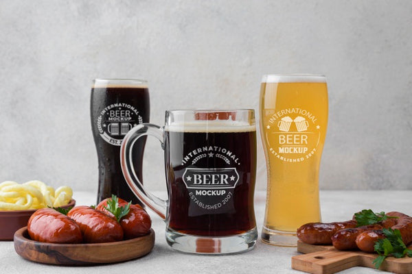 Free Front View Of Beer Glasses And Pints With Snack Psd