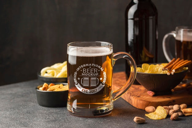 Free Front View Of Beer Pint With Assortment Of Snacks Psd