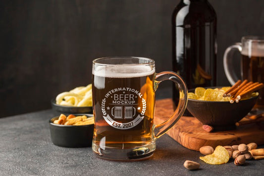 Free Front View Of Beer Pint With Assortment Of Snacks Psd