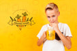Free Front View Of Child Drinking Juice From Jar Psd