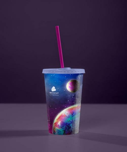 Free Front View Of Cinema Cup With Straw Psd