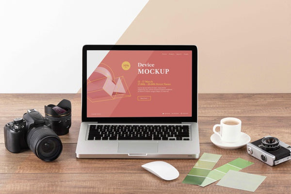 Free Front View Of Photographer Wooden Workspace With Laptop Psd