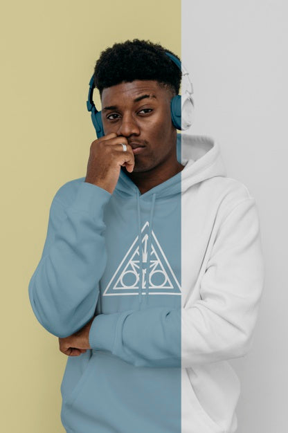 Free Front View Of Stylish Man In Hoodie With Headphones Psd