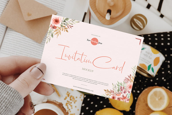 Free Girl Showing Invitation Card Mockup