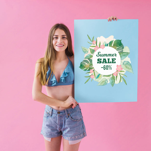 Free Girl Showing Summer Sale Poster Psd
