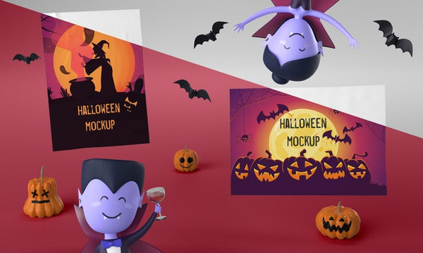Free Halloween Cards Mock-Up With Scary Vampires Psd