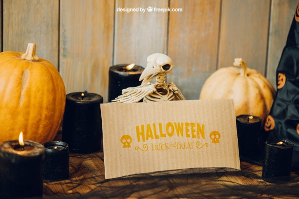 Free Halloween Mockup With Bird Skeleton And Card Psd