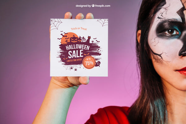 Free Halloween Mockup With Girl Showing Card Psd