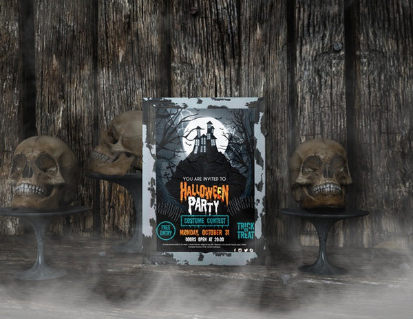 Free Halloween Party Poster Mock-Up And Skulls On Wooden Background Psd