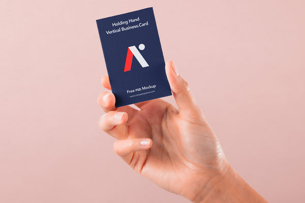 Free Hand Holding Vertical Psd Business Card Mockup