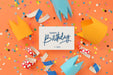 Free Happy Birthday Greeting Card Mockup With Lettering And Decoration, Top View Psd