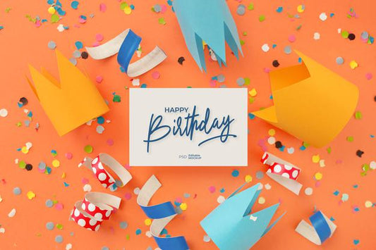 Free Happy Birthday Greeting Card Mockup With Lettering And Decoration, Top View Psd