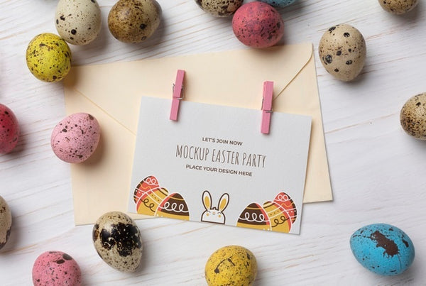 Free Happy Easter Card Mockup Design With Easter Eggs Psd