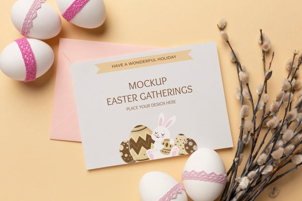 Free Happy Easter Card Mockup Design With Easter Eggs Psd