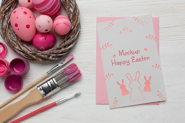 Free Happy Easter Card Mockup Design With Easter Eggs Psd