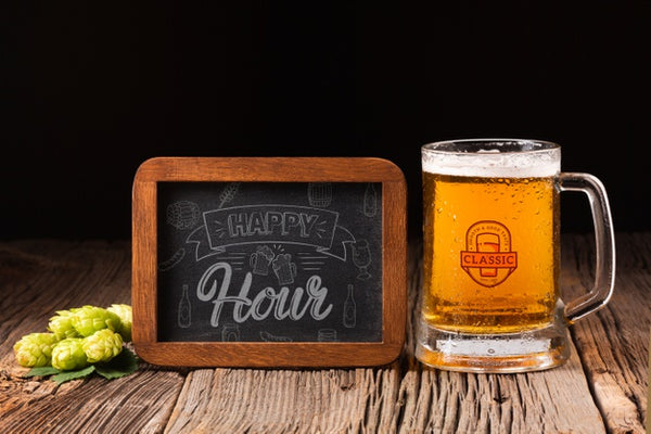 Free Happy Hour Sign With Beer Mug Beside Psd