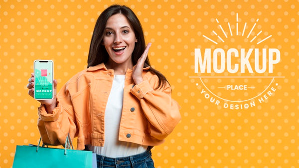 Free Happy Woman Holding Shopping Bags And A Phone Mock-Up Psd