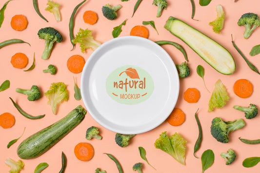 Free Healthy Food Mock-Up Plate With Green Veggies Psd