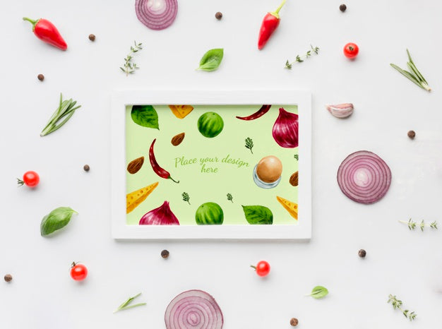 Free Herbs Mock-Up Frame Surrounded By Spices And Slices Of Veggies Psd