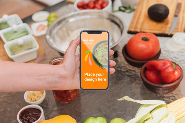 Free High View Mobile Phone And Healthy Food Mock-Up Psd