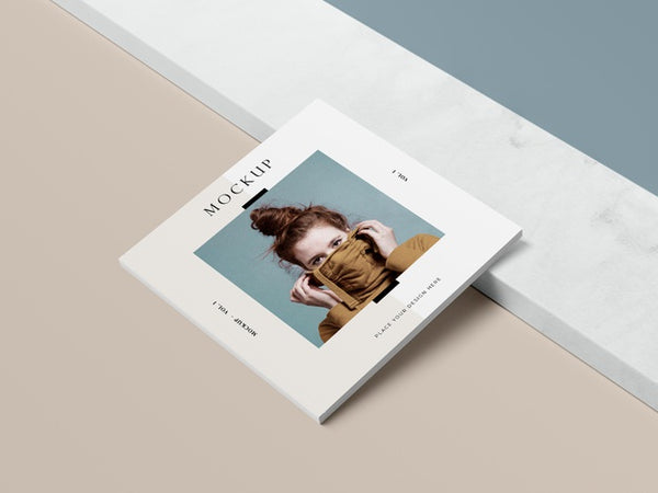 Free High View Square Book With Woman And Shadow Editorial Magazine Mock-Up Psd