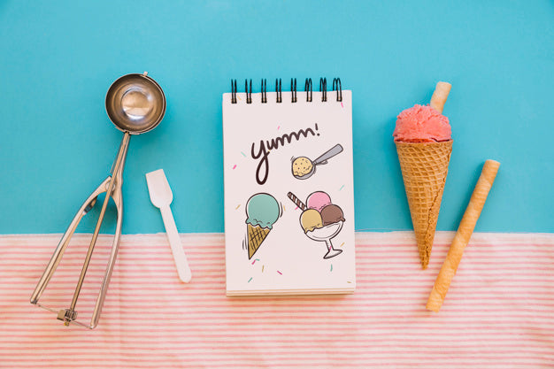 Free Ice Cream Mockup With Notepad Psd