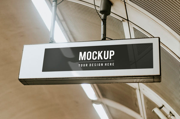 Free Indoor Board Mockup Hanging From A Ceiling Psd