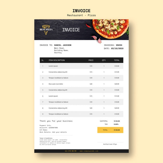 Free Invoice Template For Pizza Restaurant Psd