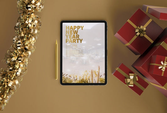 Free Ipad Mock-Up With New Year Gifts Psd