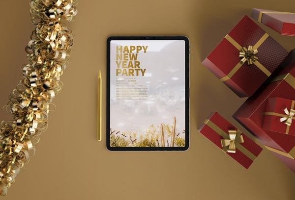 Free Ipad Mock-Up With New Year Gifts Psd