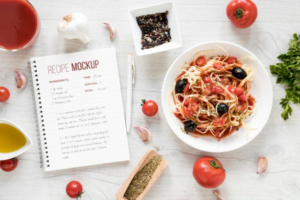 Free Italian Food Arrangement With Notebook Mock-Up Psd