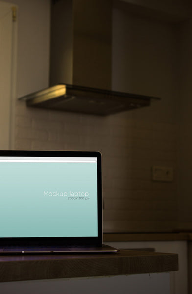 Free Laptop Mockup In Kitchen Psd