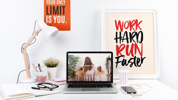 Free Laptop Mockup With Workspace Composition Psd