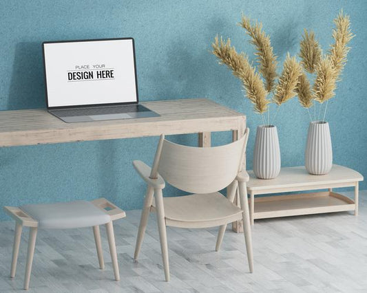 Free Laptop On Desk In Work Space Mockup Psd