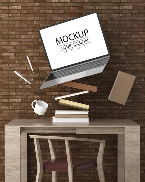 Free Laptop On Desk In Work Space Psd Mockup Psd