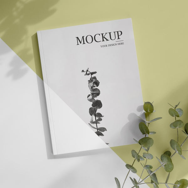 Free Magazine And Leaves Mockup Top View Psd