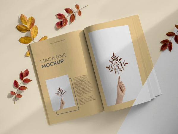 Free Magazine And Leaves Top View Psd